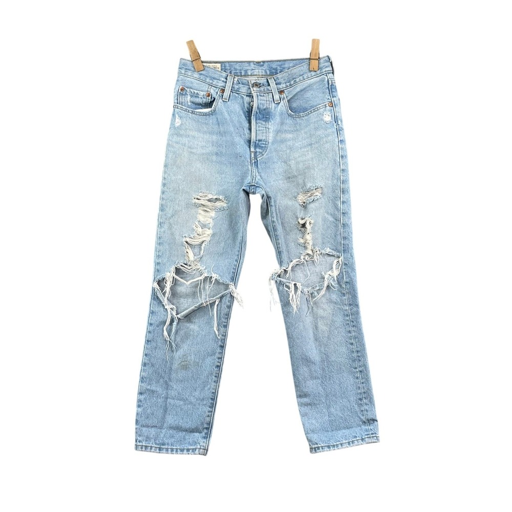 Levis 501 Original Cropped Jeans Womens 26 Light Blue Distressed Denim Straight